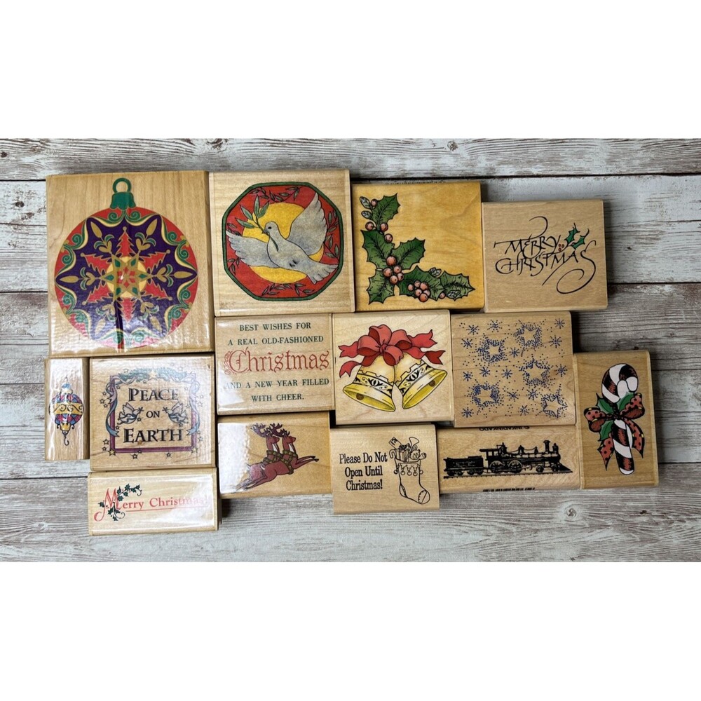 HUGE Lot of 14 Christmas (1990s) Wood Mounted Rubber Stamp VTG Various Brands